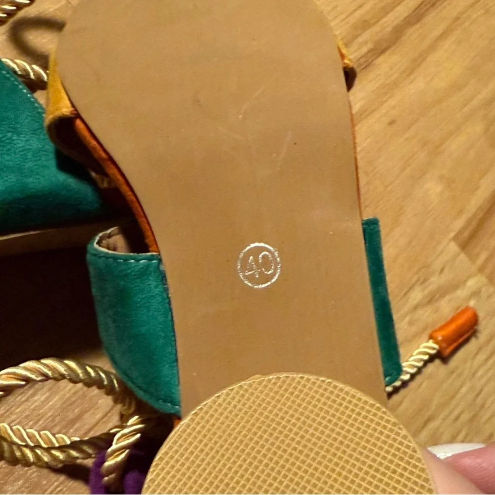 Multicolor Suede Block Heel Sandals with Rope Tie
